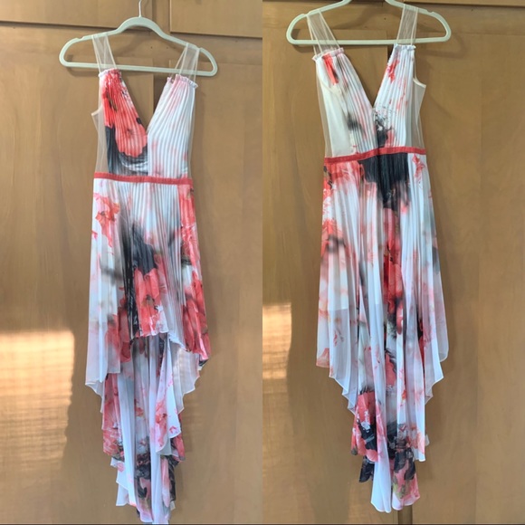 Bebe Pleated High Low White Coral Floral Dress 2 - Picture 2 of 9